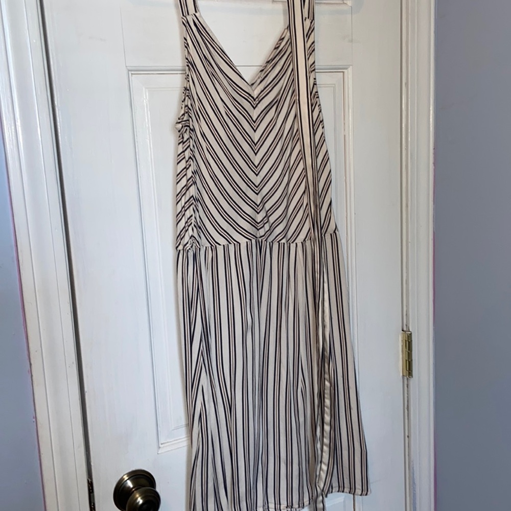 White dress with navy and red stripes